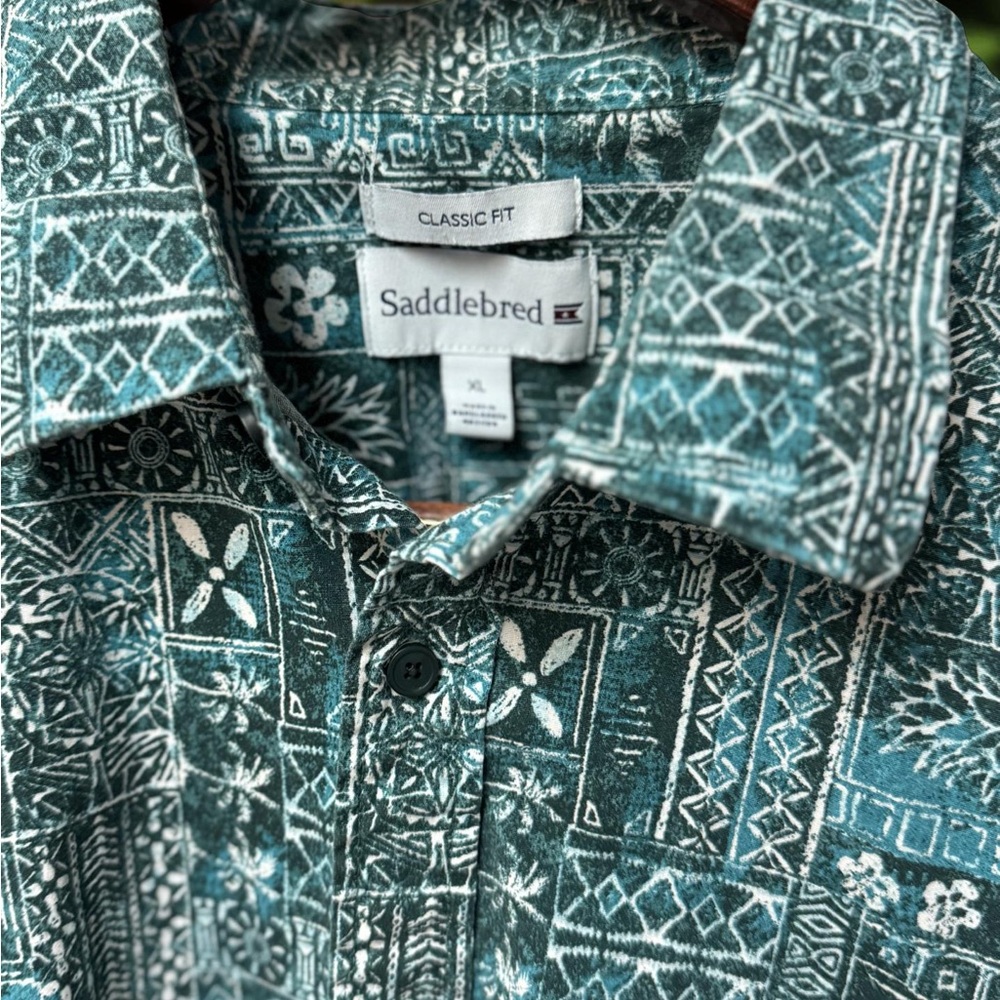 Saddlebred Green Casual Button Down Shirt with Geometric Pattern
